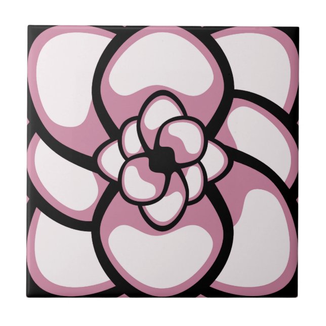 Azulejo De Cerámica Mosaico, Flor abstracta 3, rosa, negro, blanco (Frente)