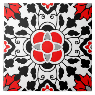 Azulejo De Cerámica Mosaico floral marroquí, rojo profundo, negro y b
