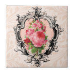 Azulejo De Cerámica Mosaico Floral Vintage<br><div class="desc">Borde grabado por orden,  rosas rosadas y fondo de damasco de melocotón pálido.</div>
