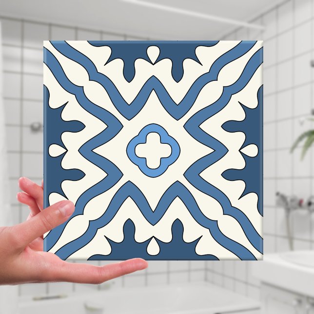 Azulejo De Cerámica Mosaico geométrico de inspiración griega con marfi (Abstract geometric design Mediterranean bathroom tile in different shades of blue with ivory)