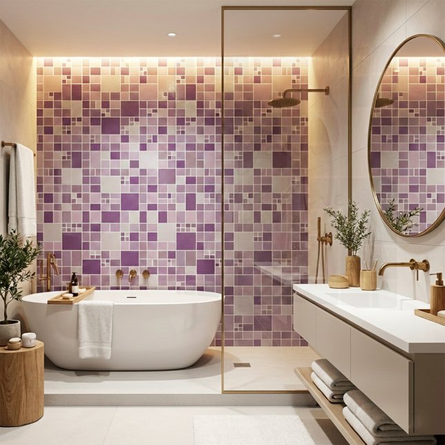 Azulejo De Cerámica Mosaico Mauve Patrón Cocina Baño Tile (Bathroom tile featuring a geometric mosaic style design in mauve, purple and lilac)