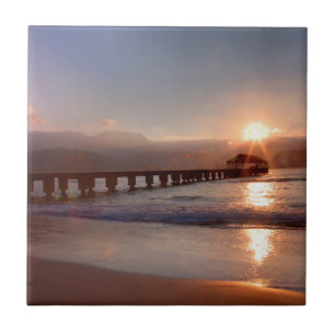 Azulejo De Cerámica Muelle de playa al atardecer, Hawaii