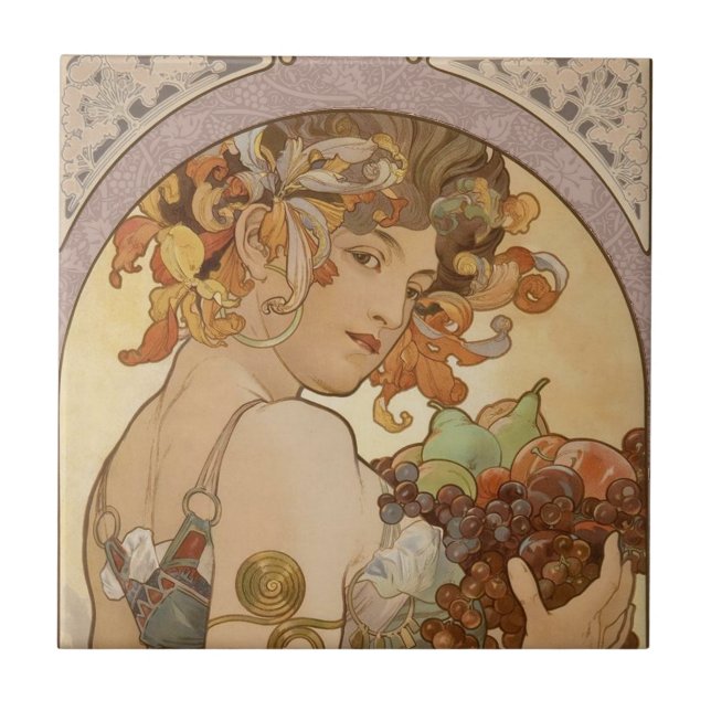 Azulejo De Cerámica Mujer Art Nouveau Mucha Hermosa (Frente)