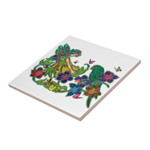 Azulejo De Cerámica Mujer de la mariposa floral y pájaro