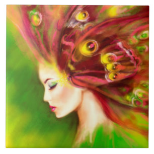 Azulejo De Cerámica Mujer de mosaico cerámico mariposa verde grande (6