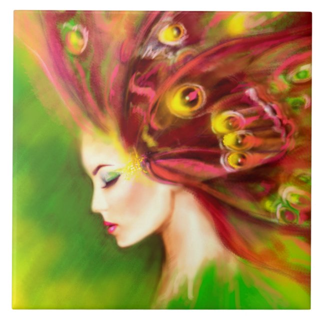 Azulejo De Cerámica Mujer de mosaico cerámico mariposa verde grande (6 (Frente)