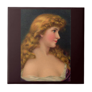 Azulejo De Cerámica Mujer hermosa del siglo XIX con pelo largo