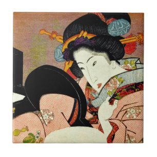 Azulejo De Cerámica Mujer hermosa en espejo por Utagawa Kunimaru