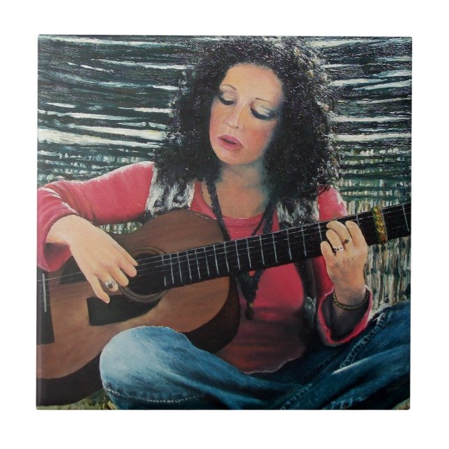 Azulejo De Cerámica Mujer Jugando Música Con Guitarra Acústica (Frente)