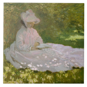 Azulejo De Cerámica Mujer leyendo en primavera Monet