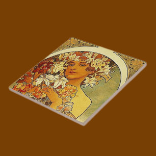 Azulejo De Cerámica Mujer mucha Art Nouveau con lirios