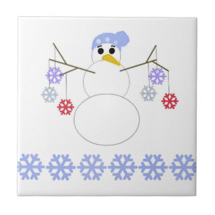 Azulejo De Cerámica Muñeco de nieve con copos de nieve