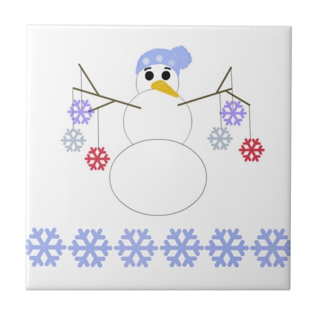 Azulejo De Cerámica Muñeco de nieve con copos de nieve (Frente)