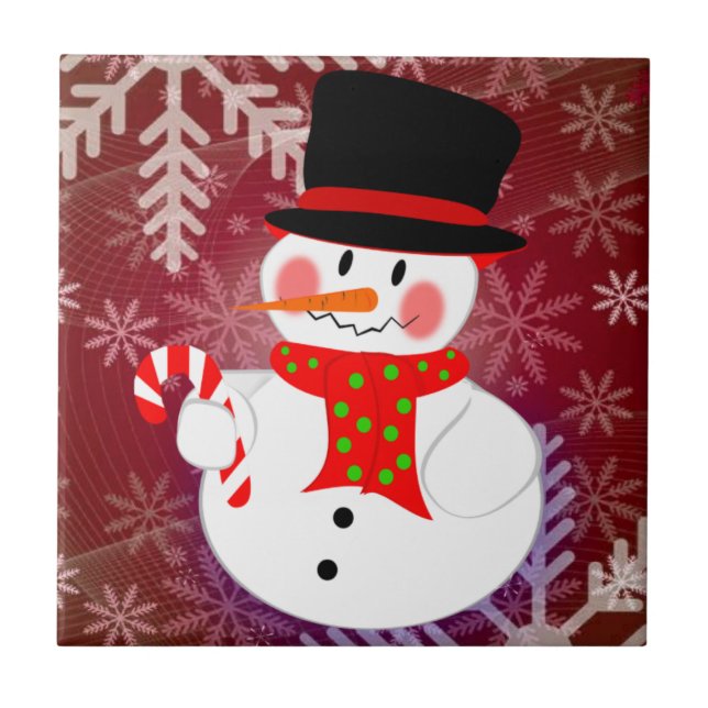 Azulejo De Cerámica Muñeco de nieve y Candycane (Frente)