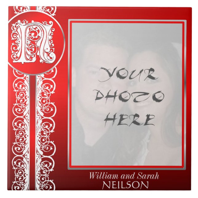 Azulejo De Cerámica N Monograma "Blanco encaje sobre rojo" con foto -  (Frente)