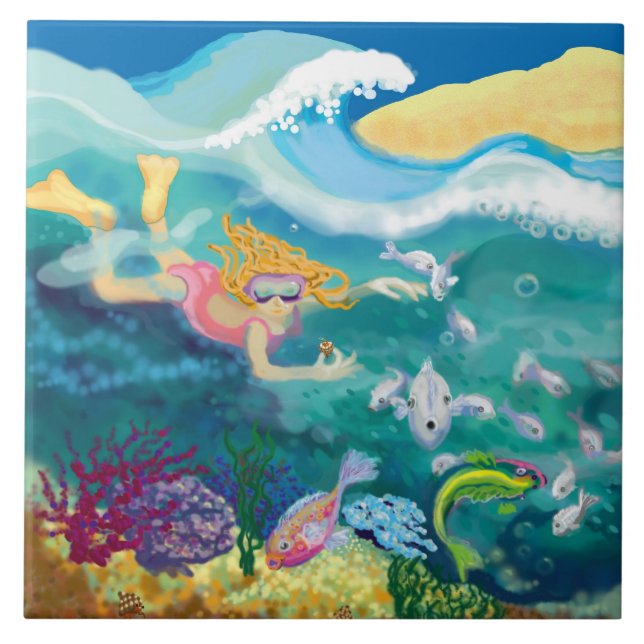 Azulejo De Cerámica nado de vacaciones tropicales (Frente)