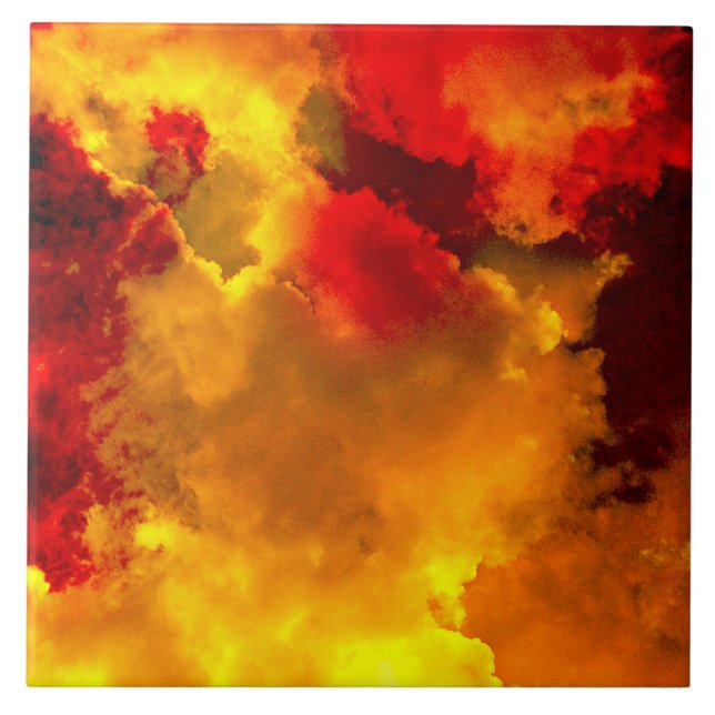 Azulejo De Cerámica Naranja amarillo rojo nubes arte digital abstracto (Frente)