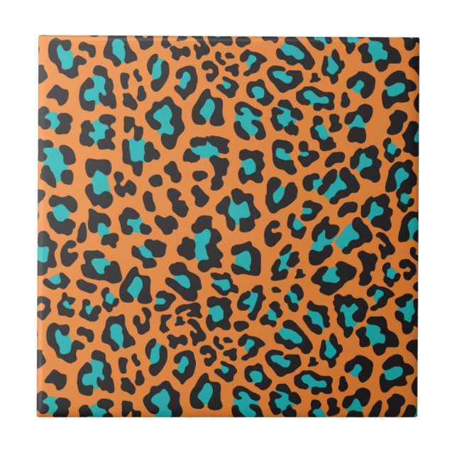 Azulejo De Cerámica Naranja de impresión de leopardo, negro, Aqua (Frente)