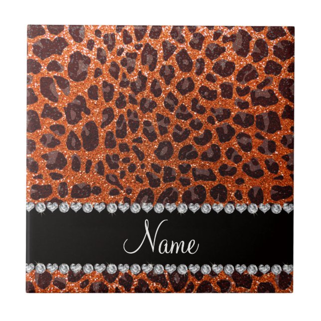 Azulejo De Cerámica Naranja de nombre personalizado purpurina leopardo (Frente)