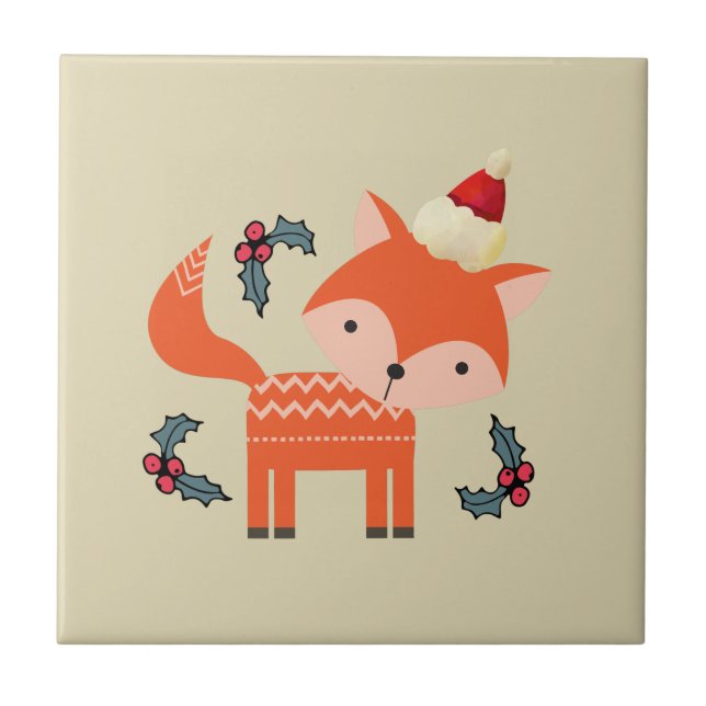 Azulejo De Cerámica Naranja Fox En Santa Hat Cuidados Navidades Whimsi (Frente)