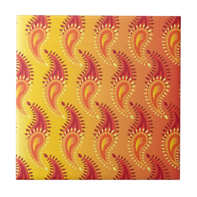 Azulejo De Cerámica Naranja oriental Doble llama Patrón Paisley persa (Frente)