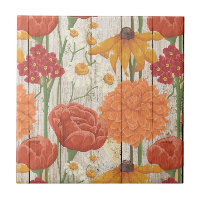 Azulejo De Cerámica Naranja Rojo Amarillo Floral Blanco Daisida Madera (Frente)