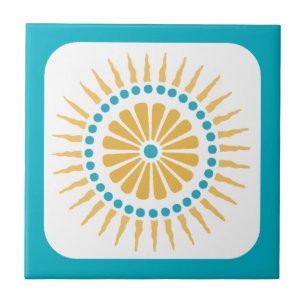 Azulejo De Cerámica Naranja Turquesa Retro Tile Sunburst