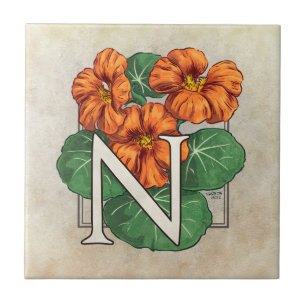 Azulejo De Cerámica Nasturtios Flores Monograma Floral