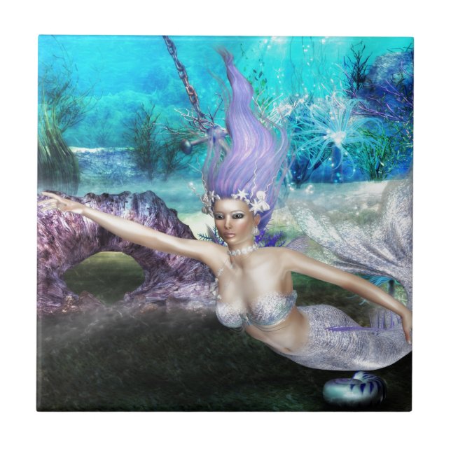 Azulejo De Cerámica Natación de la sirena (Frente)