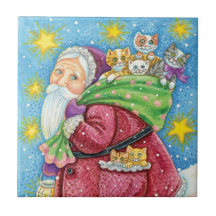 Azulejo De Cerámica Navidad adorable, Santa Claus con gatitos y gatos!