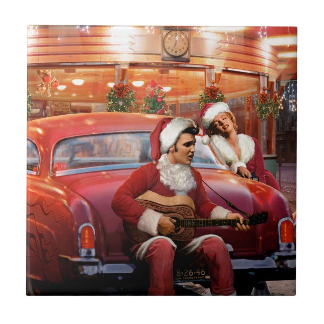 Azulejo De Cerámica Navidad de Elvis y de Marilyn (Frente)