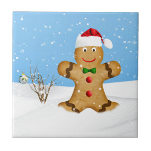 Azulejo De Cerámica Navidad, hombre de pan de jengibre feliz en nieve