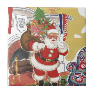 Azulejo De Cerámica Navidad Vintage, Alegre Santa Claus con Regalos