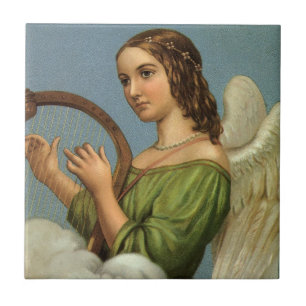 Azulejo De Cerámica Navidad Vintage, Ángel Victoriano con Arpa de Músi