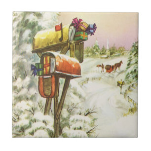 Azulejo De Cerámica Navidad Vintage, buzones en paisaje invernal