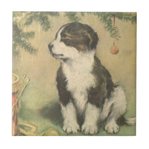 Azulejo De Cerámica Navidad Vintage, Cachorro Lindo Debajo del Árbol d