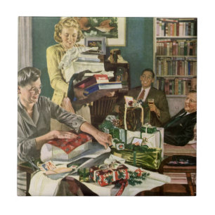 Azulejo De Cerámica Navidad Vintage, Familia Feliz envolviendo regalos