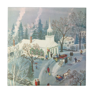Azulejo De Cerámica Navidad Vintage, gente yendo a la iglesia en la ni