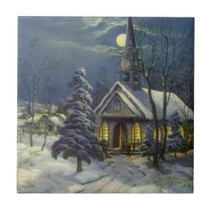 Azulejo De Cerámica Navidad Vintage, Iglesia de Invierno en la Nieve c