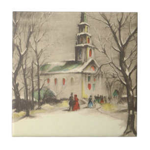 Azulejo De Cerámica Navidad Vintage, Iglesia en paisaje invernal nevad