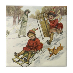 Azulejo De Cerámica Navidad Vintage, niños victorianos en trineo con p
