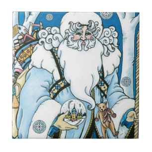 Azulejo De Cerámica Navidad Vintage, Santa Claus azul con Globo de Nie