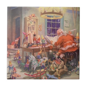 Azulejo De Cerámica Navidad Vintage, Santa Claus con taller de duendes