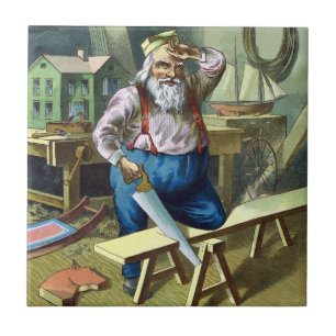 Azulejo De Cerámica Navidad Vintage, Santa Claus Construyendo Juguetes