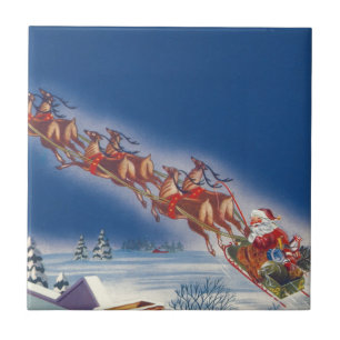 Azulejo De Cerámica Navidad Vintage, Santa volando en su trineo con re