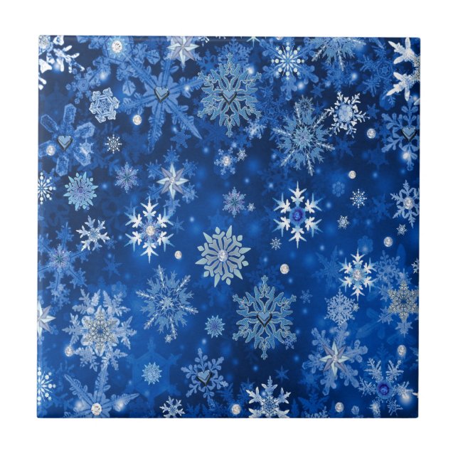 Azulejo De Cerámica Navidades Copos de nieve azules y plateados (Frente)
