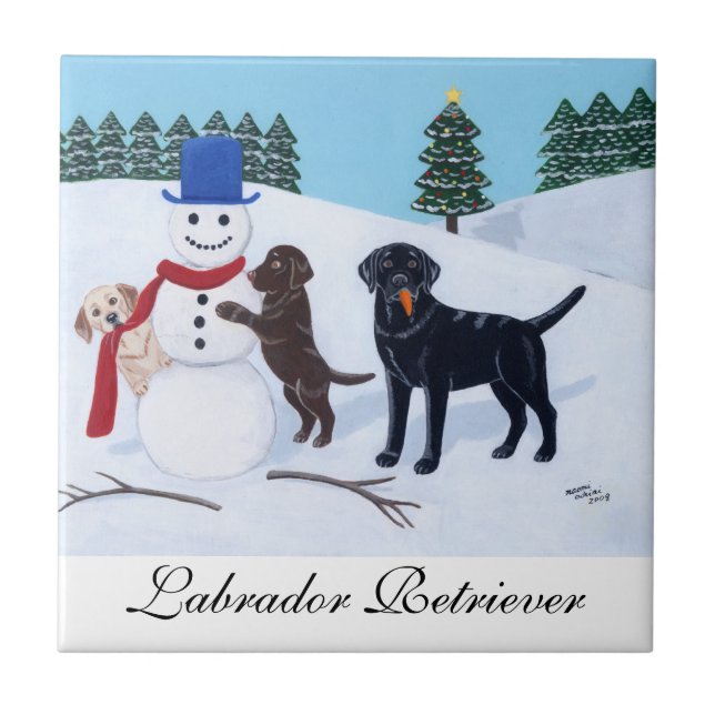 Azulejo De Cerámica Navidades de Labrador con pintura de Snowman (Frente)