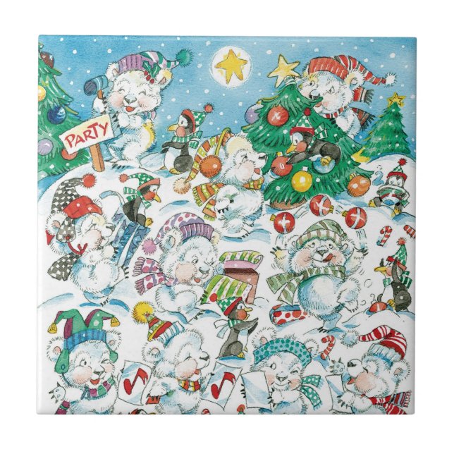 Azulejo De Cerámica Navidades de Personalizado lindo Fiesta de oso pol (Frente)