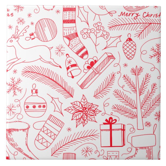 Azulejo De Cerámica Navidades Doodle patrón rojo (Frente)
