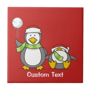 Azulejo De Cerámica Navidades Pingüinos Snowballing